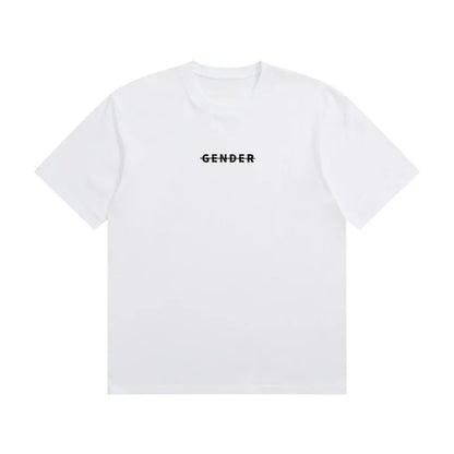 Front view of Ogender white heavyweight cotton Dadfit tee with minimalist strike-through logo and blank back.