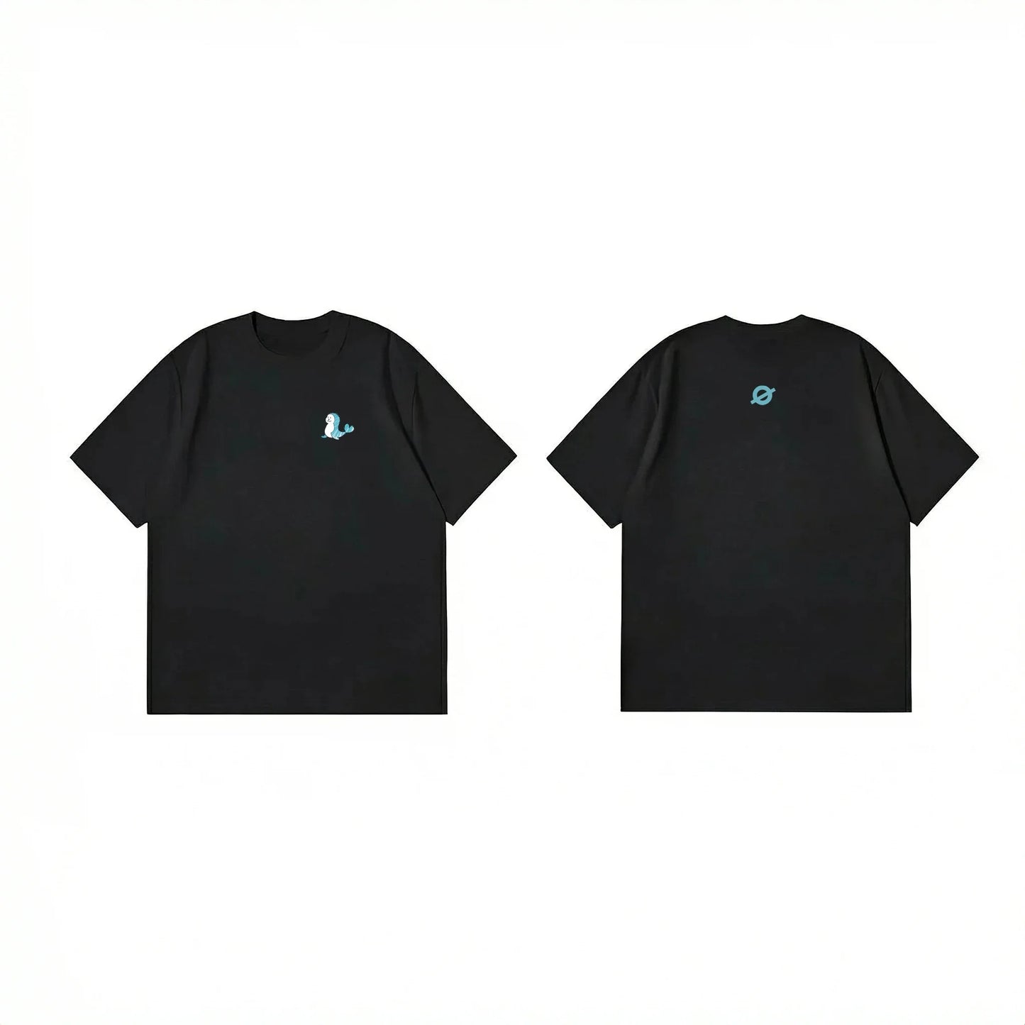 Front and back flat lay of Ogender black 240 GSM tee, featuring a blue dolphin chest print and a matching "O" back neck logo.

