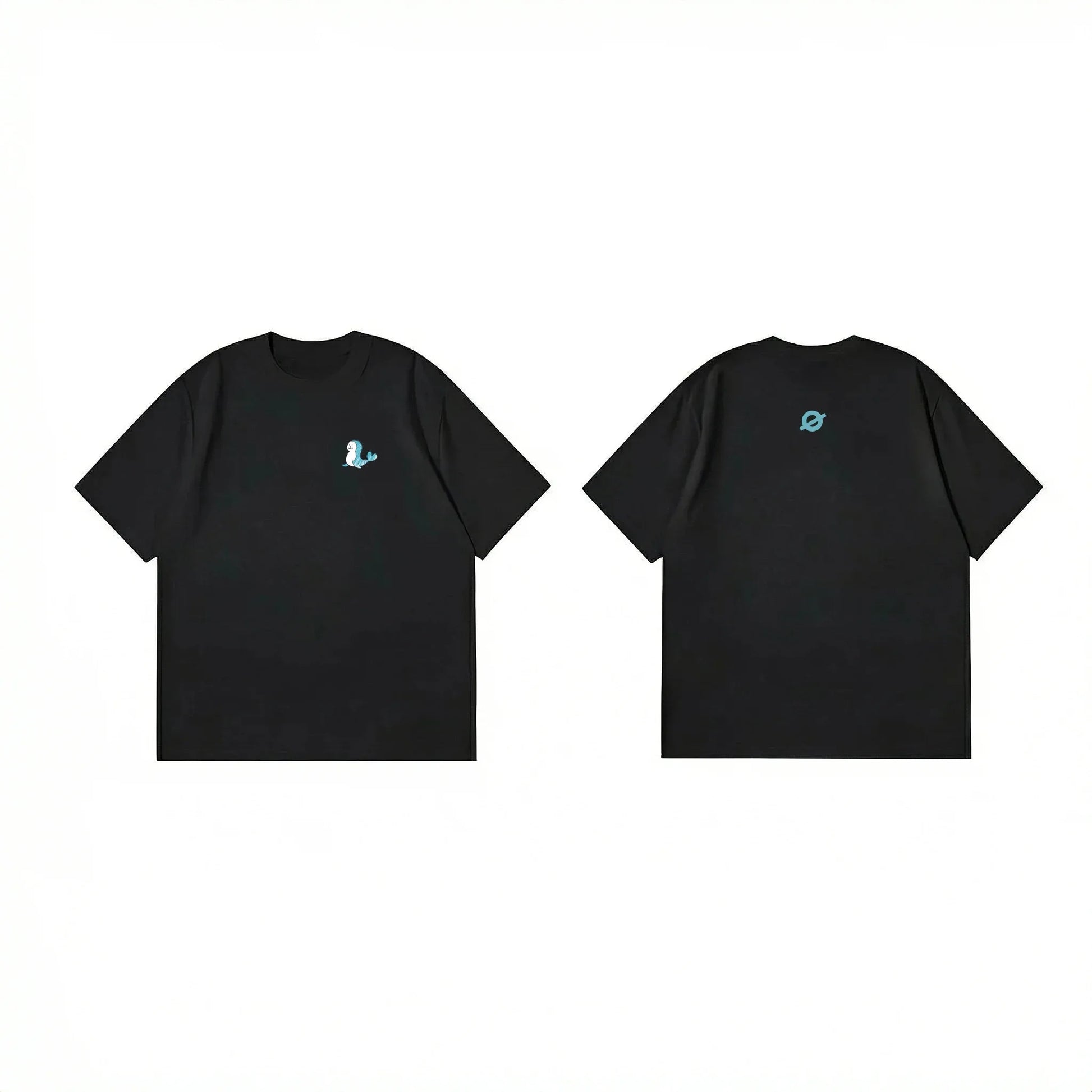 Front and back flat lay of Ogender black 240 GSM tee, featuring a blue dolphin chest print and a matching "O" back neck logo.

