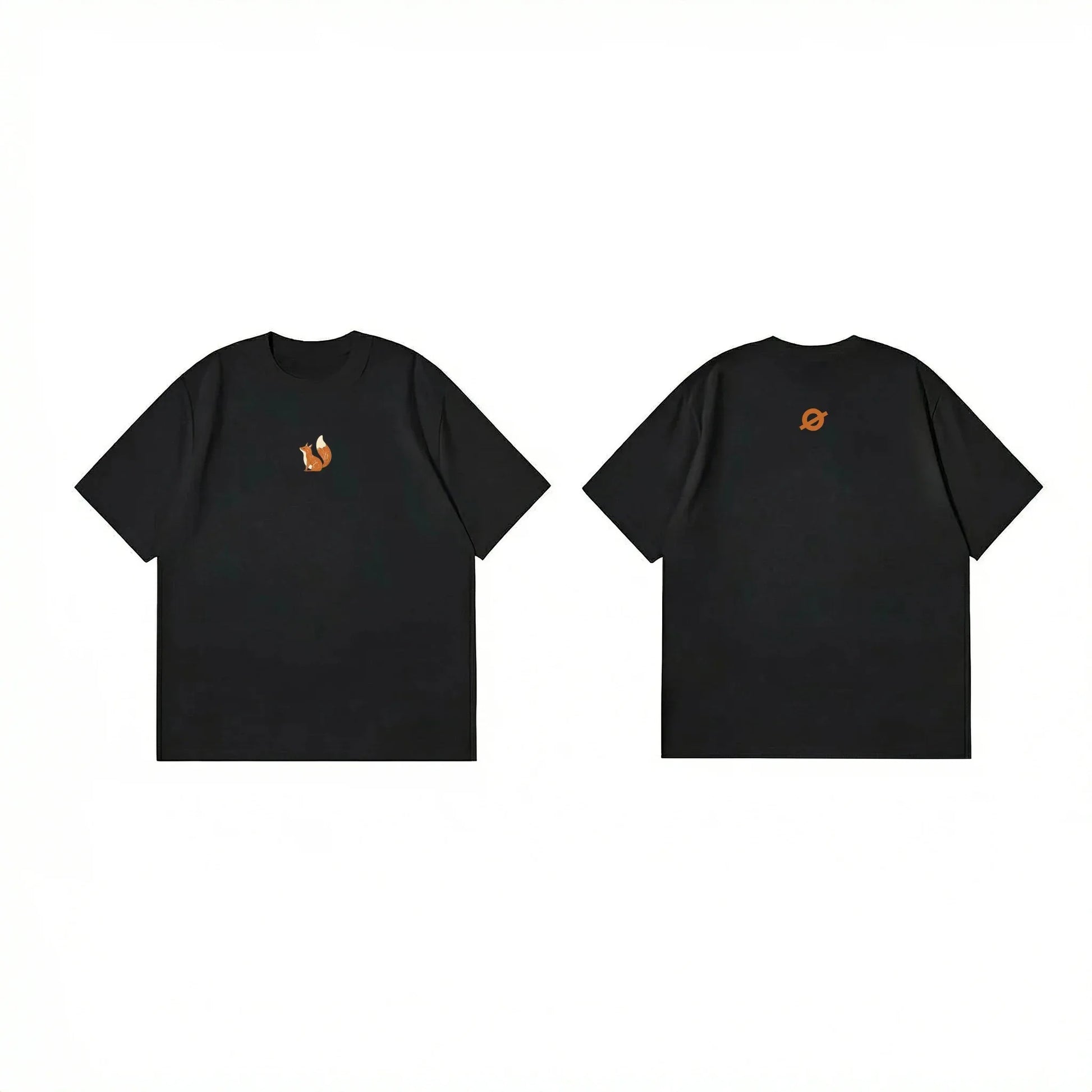 Front and back flat lay of Ogender black 240 GSM tee with an orange fox icon and an orange "O" back neck branding