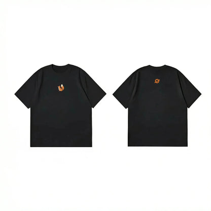 Front and back flat lay of Ogender black 240 GSM tee with an orange fox icon and an orange "O" back neck branding