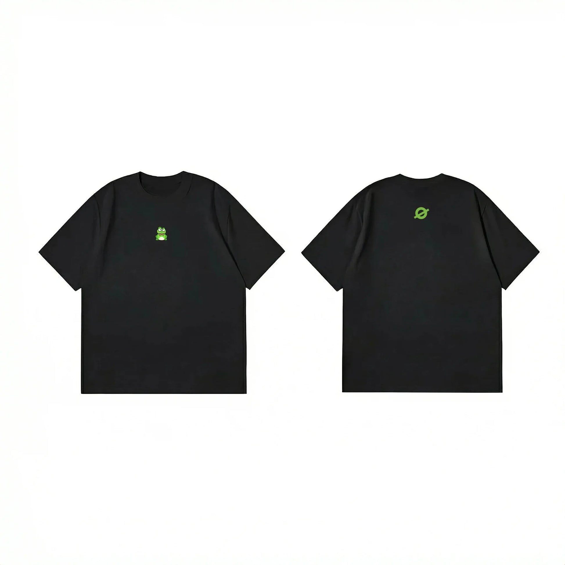 Front and back flat lay of Ogender black oversized tee showing a green frog chest print and a matching green "O" back neck logo