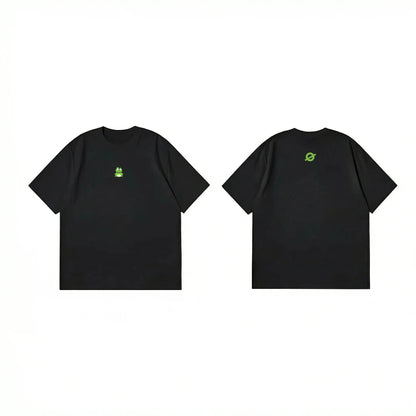 Front and back flat lay of Ogender black oversized tee showing a green frog chest print and a matching green "O" back neck logo