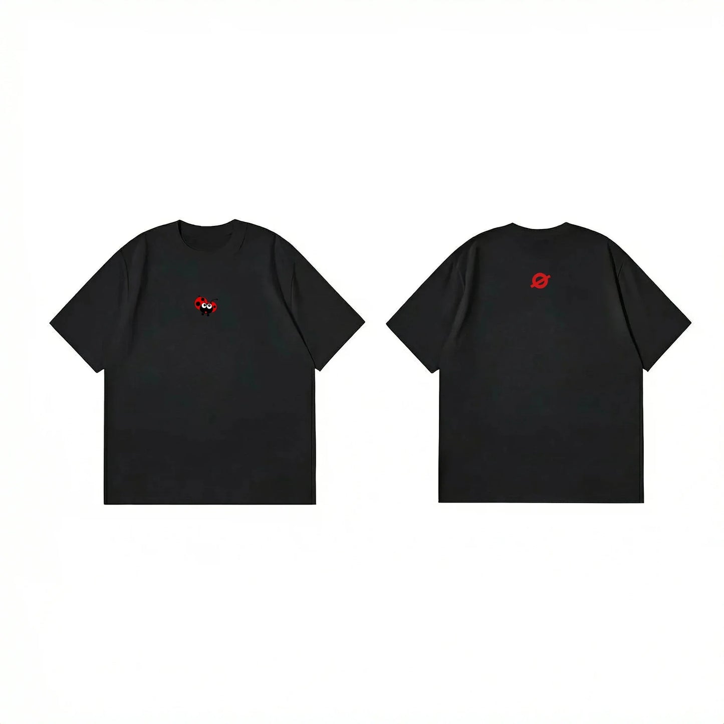 Front and back flat lay of Ogender black heavyweight tee with a red ladybug graphic and a signature red "O" back neck logo