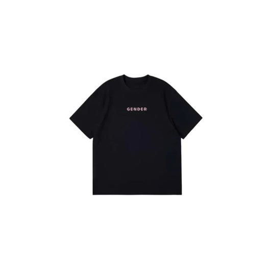 Front view flat lay of Ogender black oversized t-shirt in 240 GSM premium cotton, featuring the minimalist pink 'Gender' strike-through logo on the chest.