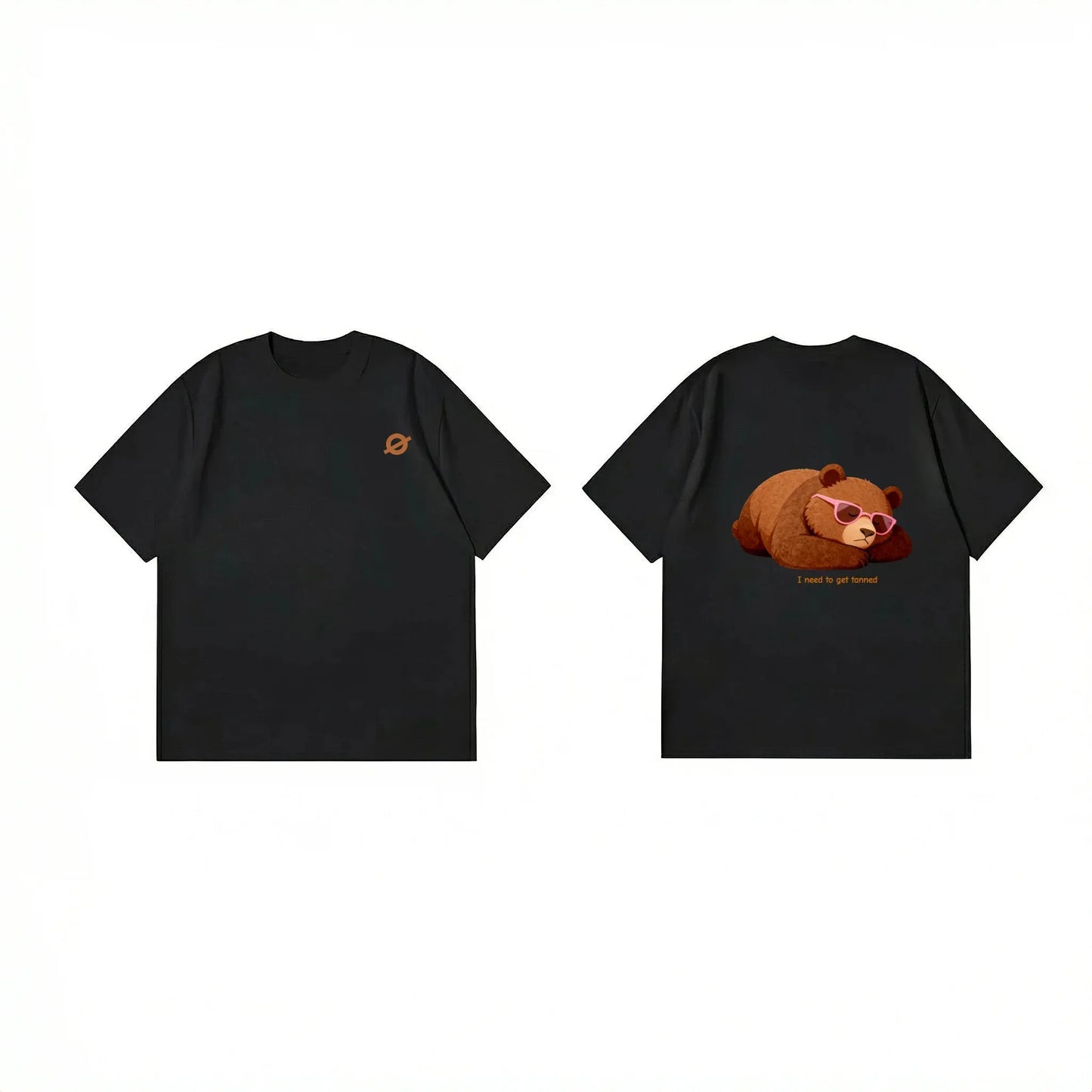 Front and back view of Ogender black heavyweight tee with the 'Sleepy Bear' wearing sunglasses on the back.