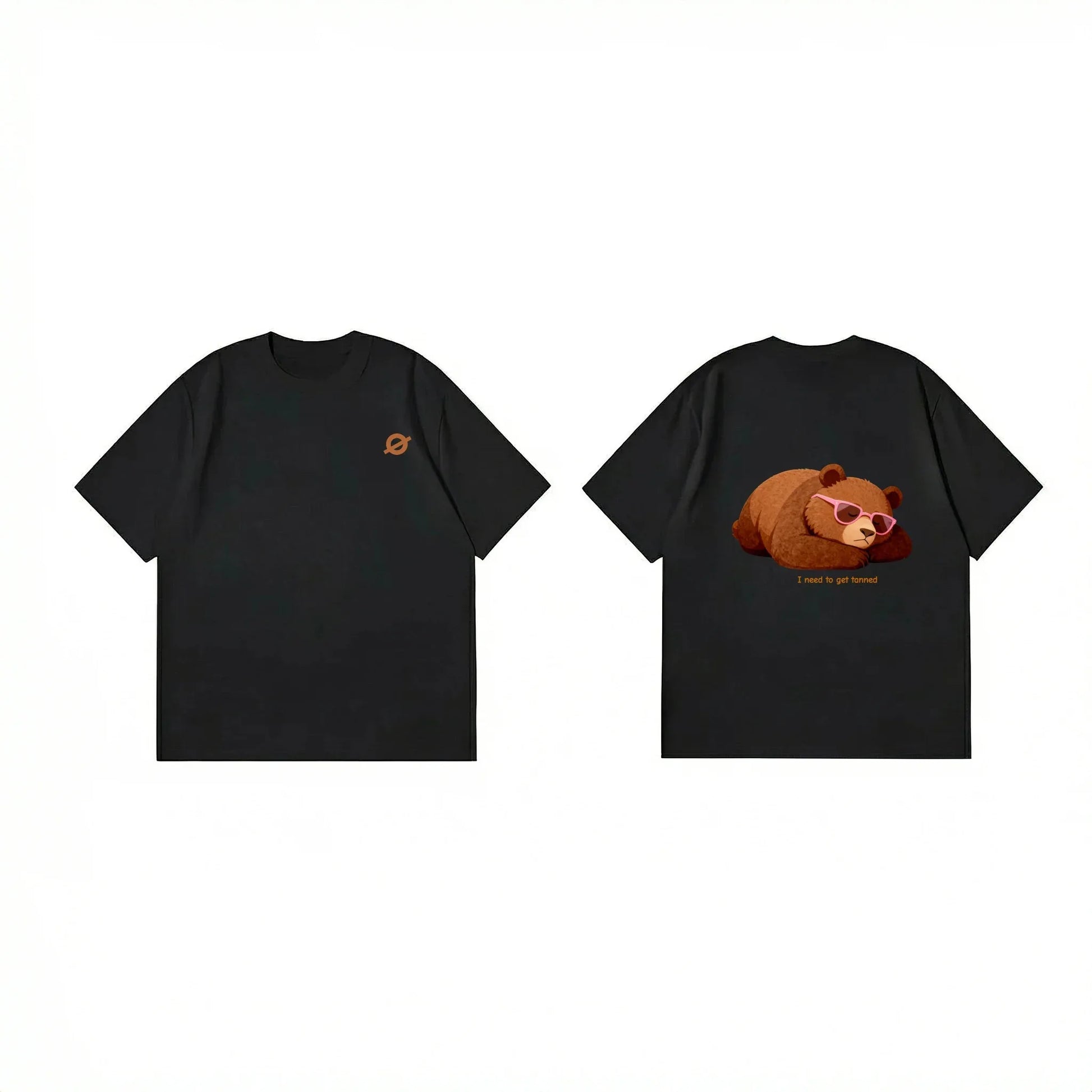Front and back view of Ogender black heavyweight tee with the 'Sleepy Bear' wearing sunglasses on the back.