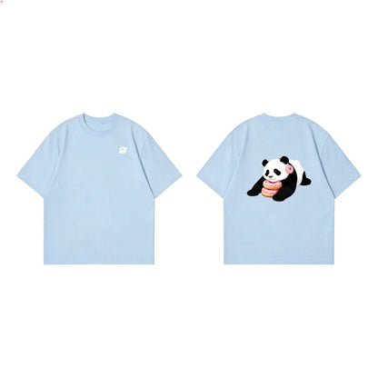Front and back view of Ogender ice blue tee featuring the 'Donut Panda' character on the back