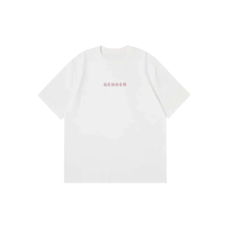 Front view flat lay of Ogender creamy white essential oversized t-shirt, 100% cotton with the signature pink 'Gender' chest print. 