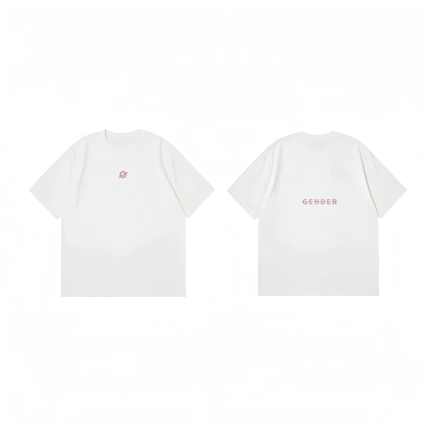 Dual view of Ogender creamy white tee: front showing the minimalist 'O' print and back featuring the small 'Gender' strike-through logo centered.