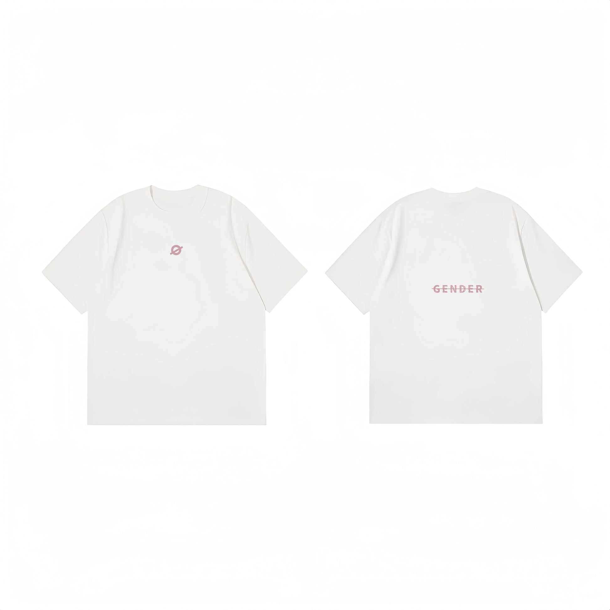 Dual view of Ogender creamy white tee: front showing the minimalist 'O' print and back featuring the small 'Gender' strike-through logo centered.