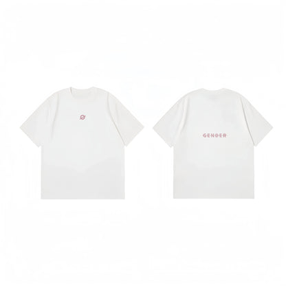 Dual view of Ogender creamy white tee: front showing the minimalist 'O' print and back featuring the small 'Gender' strike-through logo centered.