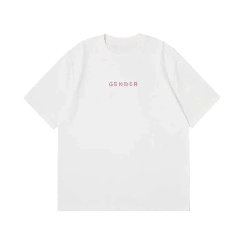 Front view flat lay of Ogender creamy white oversized t-shirt in 240 GSM premium cotton, featuring the signature pink 'Gender' strike-through logo on the chest