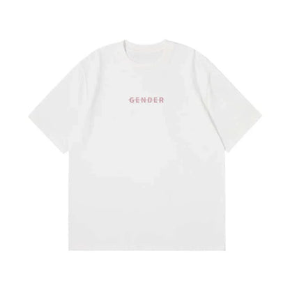 Front view flat lay of Ogender creamy white oversized t-shirt in 240 GSM premium cotton, featuring the signature pink 'Gender' strike-through logo on the chest