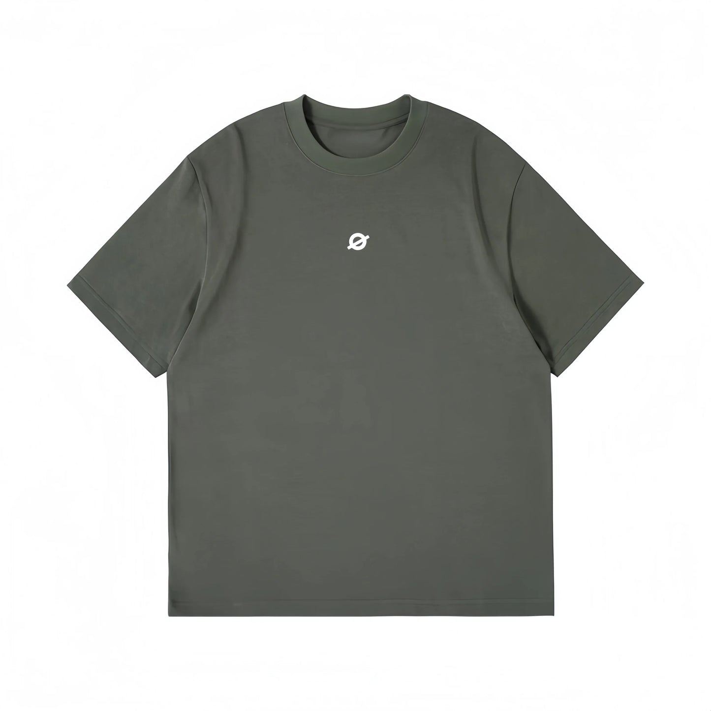 Front view flat lay of Ogender dark teal green tee, showcasing the signature small "O" print on the front symbol.
