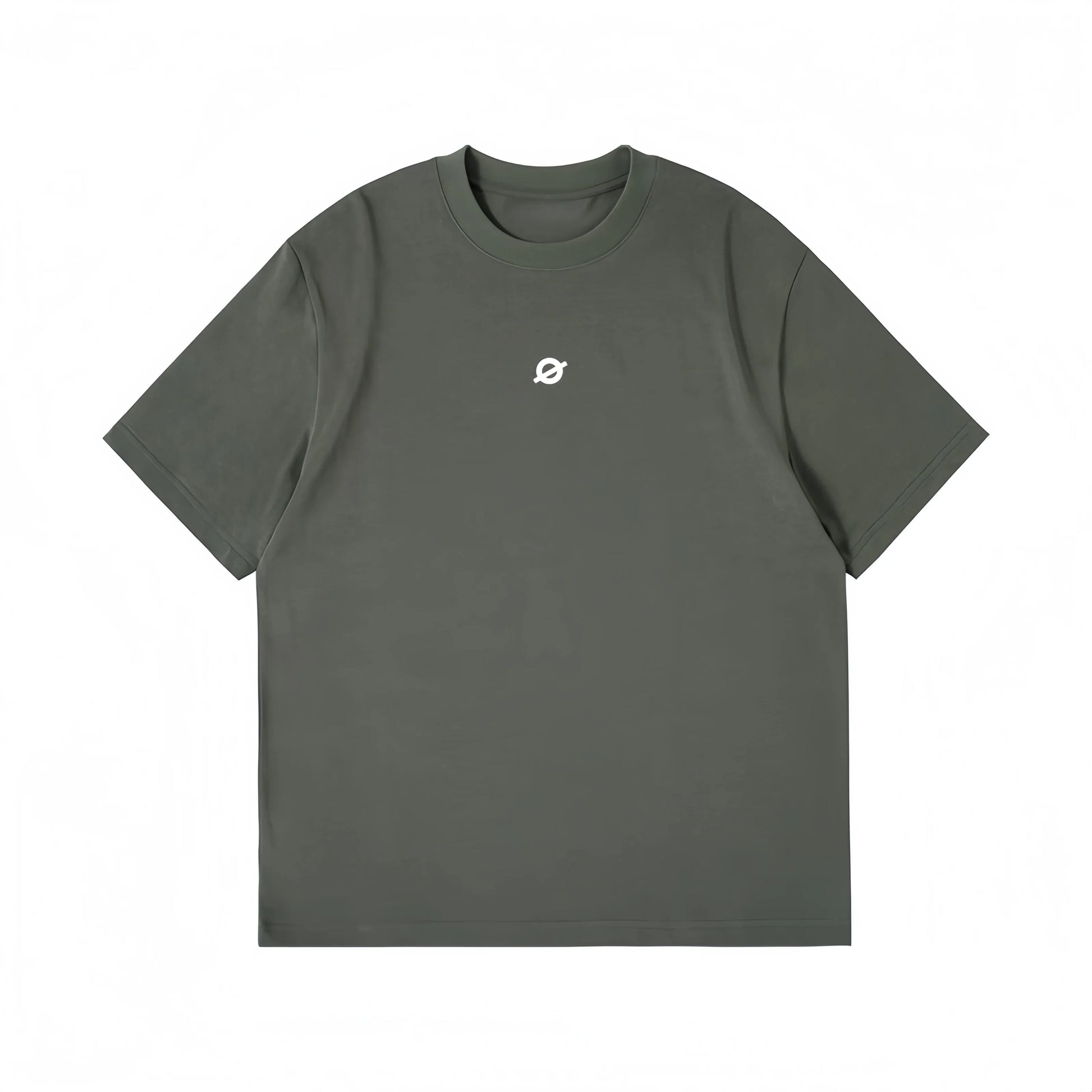 Front view flat lay of Ogender dark teal green tee, showcasing the signature small "O" print on the front symbol.