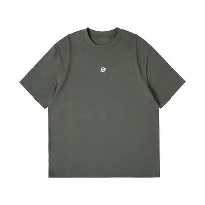 Front view flat lay of Ogender dark teal green tee, showcasing the signature small "O" print on the front symbol.