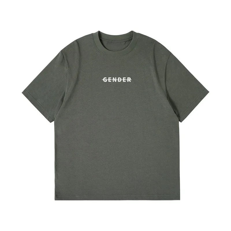 Front view flat lay of Ogender dark teal green oversized t-shirt, 240 GSM heavyweight premium cotton with the signature 'Gender' strike-through logo on the chest