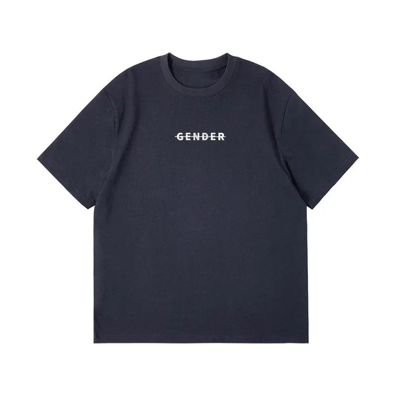 Front view flat lay of Ogender deep dark gray oversized tee, showcasing the high-quality cotton texture and white 'Gender'