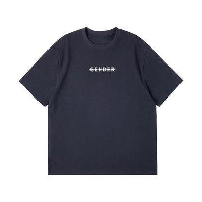 Front view flat lay of Ogender deep dark gray oversized tee, showcasing the high-quality cotton texture and white 'Gender'