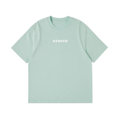Front view flat lay of Ogender mint green oversized t-shirt, 240 GSM premium cotton with the signature minimalist 'Gender' strike-through logo on the chest