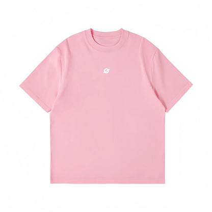 Front view flat lay of Ogender pink heavyweight tee, featuring the refined "O" logo print for a clean look