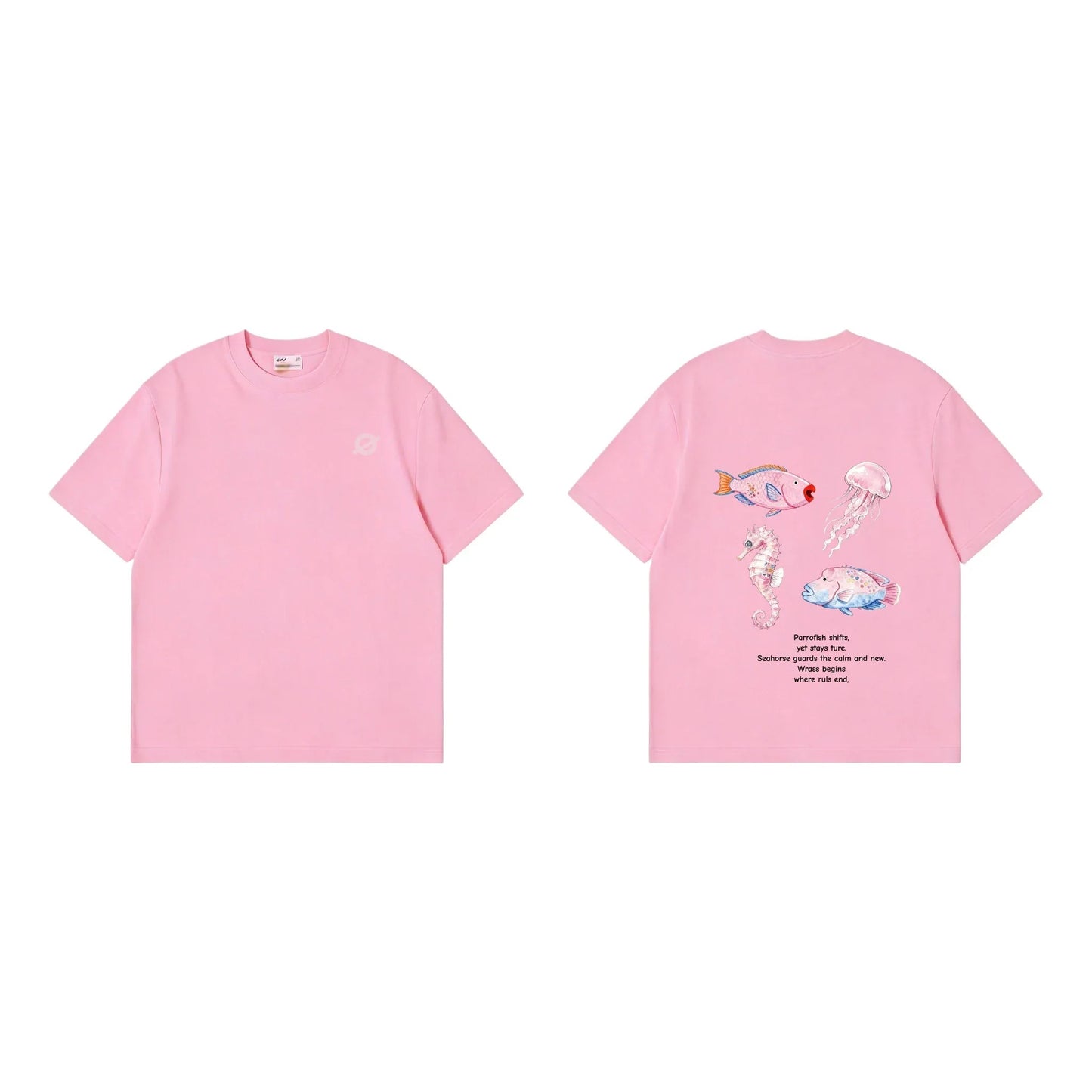 Front and back view of Ogender pink tee with 'Ocean Crew' (seahorse, jellyfish, fish) graphic on the back
