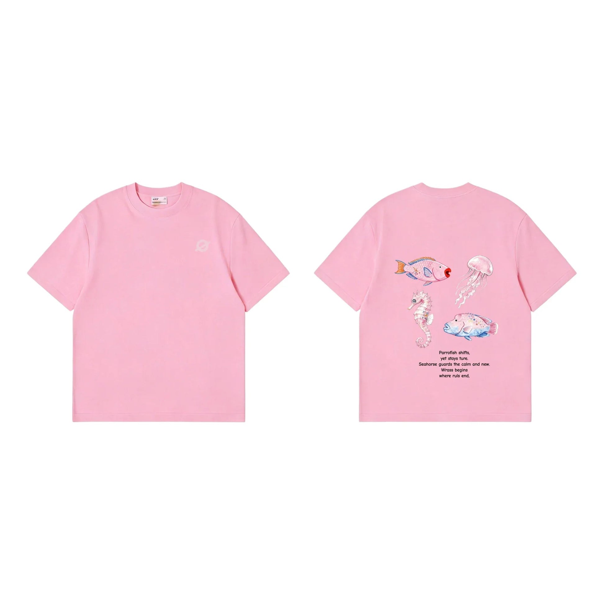 Front and back view of Ogender pink tee with 'Ocean Crew' (seahorse, jellyfish, fish) graphic on the back