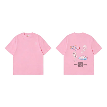 Front and back view of Ogender pink tee with 'Ocean Crew' (seahorse, jellyfish, fish) graphic on the back