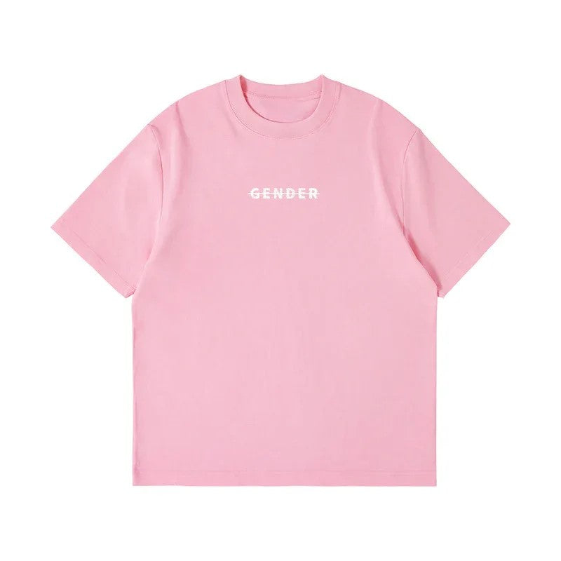 Front view flat lay of Ogender pink oversized t-shirt, 240 GSM heavyweight premium cotton featuring the signature minimalist 'Gender' strike-through logo on the chest