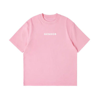 Front view flat lay of Ogender pink oversized t-shirt, 240 GSM heavyweight premium cotton featuring the signature minimalist 'Gender' strike-through logo on the chest