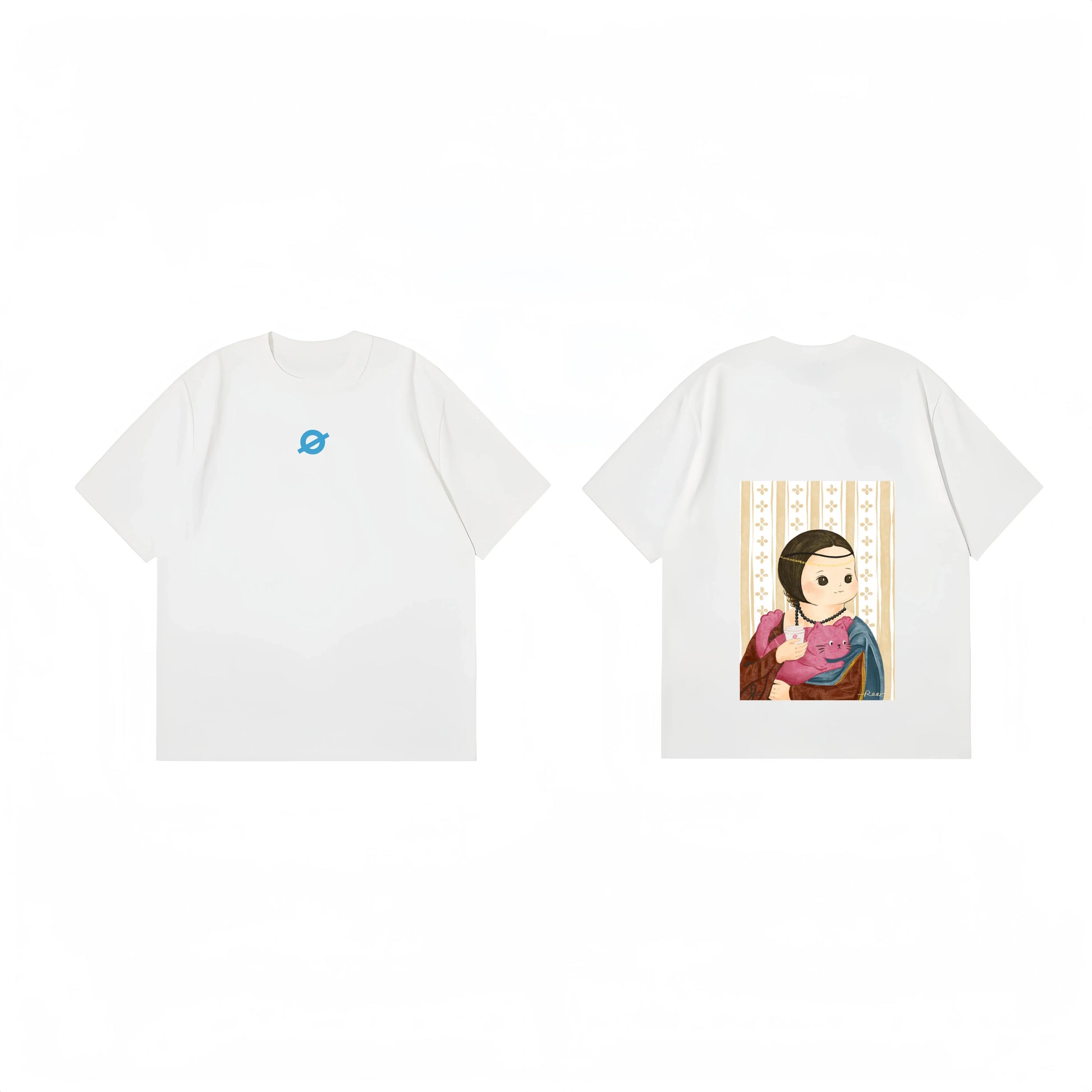 Front and back view of Ogender white tee featuring the 'Girl with Cat' artistic portrait print