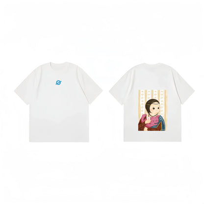 Front and back view of Ogender white tee featuring the 'Girl with Cat' artistic portrait print