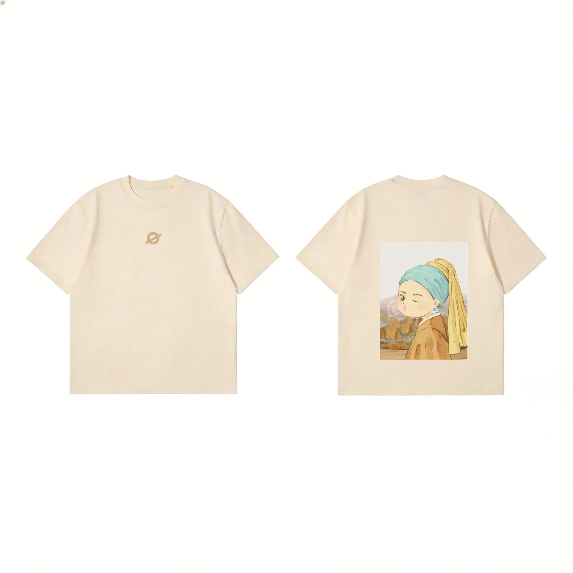 Front and back view of Ogender 240 GSM tee featuring the 'Scarf Girl' reimagined art printportrait graphic