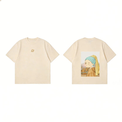 Front and back view of Ogender 240 GSM tee featuring the 'Scarf Girl' reimagined art printportrait graphic