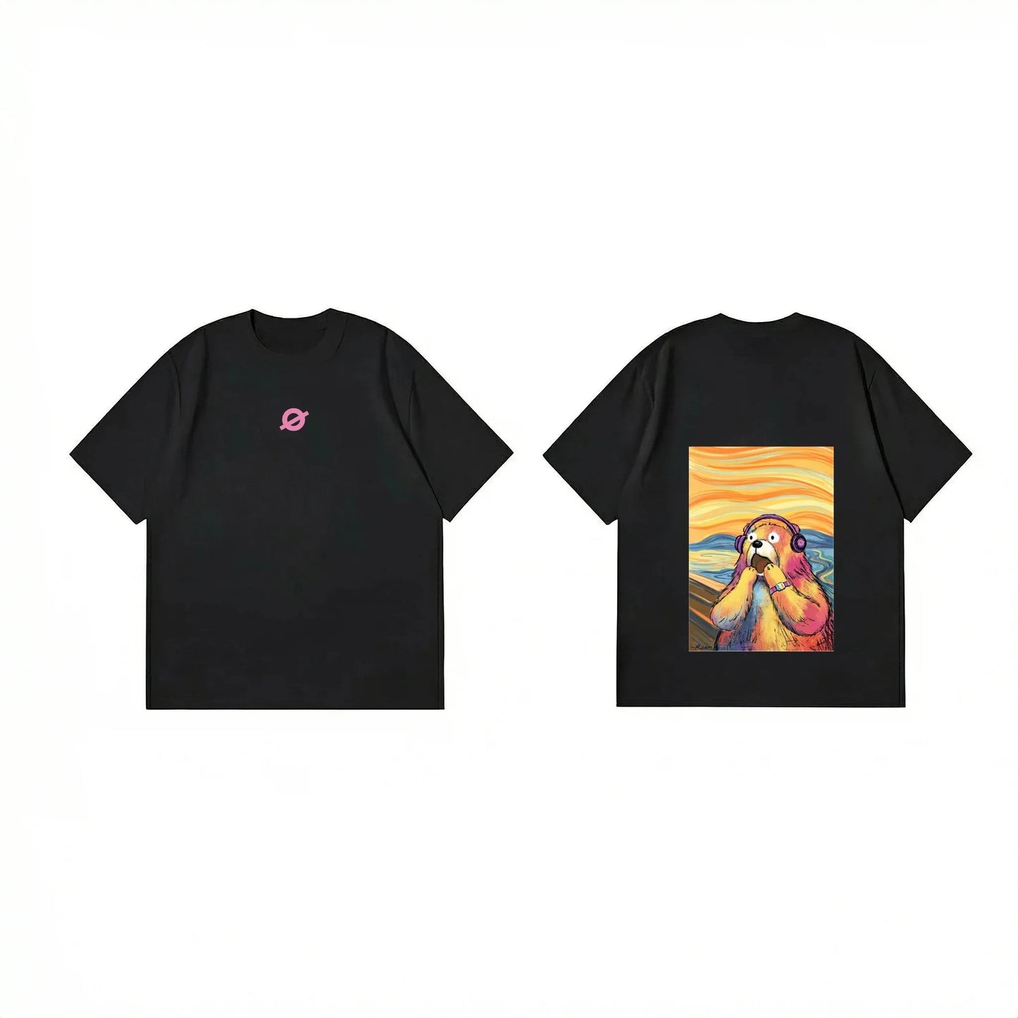 Front and back view of Ogender black 240 GSM tee with the 'Shouting Bear' expressionist art print