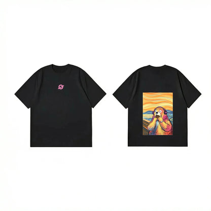 Front and back view of Ogender black 240 GSM tee with the 'Shouting Bear' expressionist art print