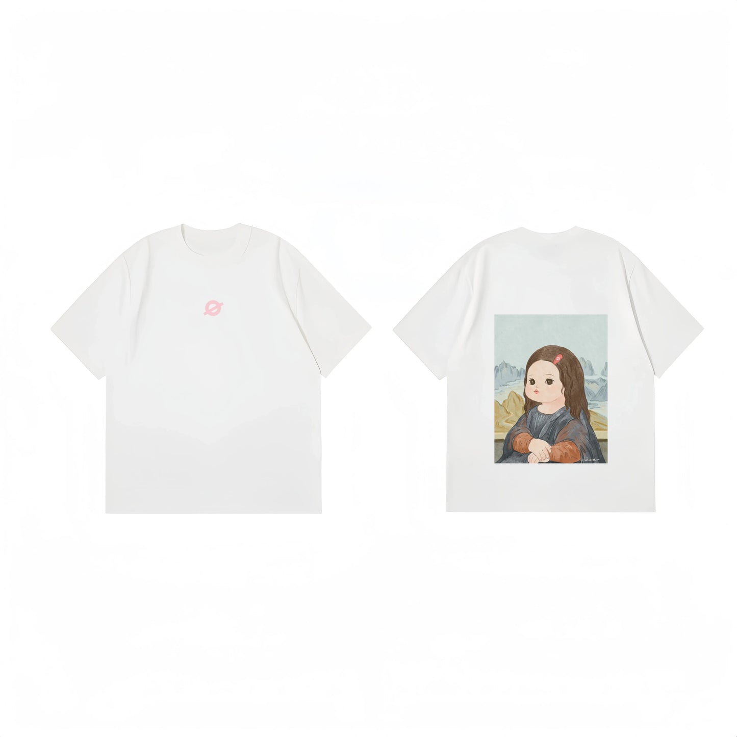 Front and back view of Ogender white heavyweight tee with the 'Smiling Girl' Q-version graphic