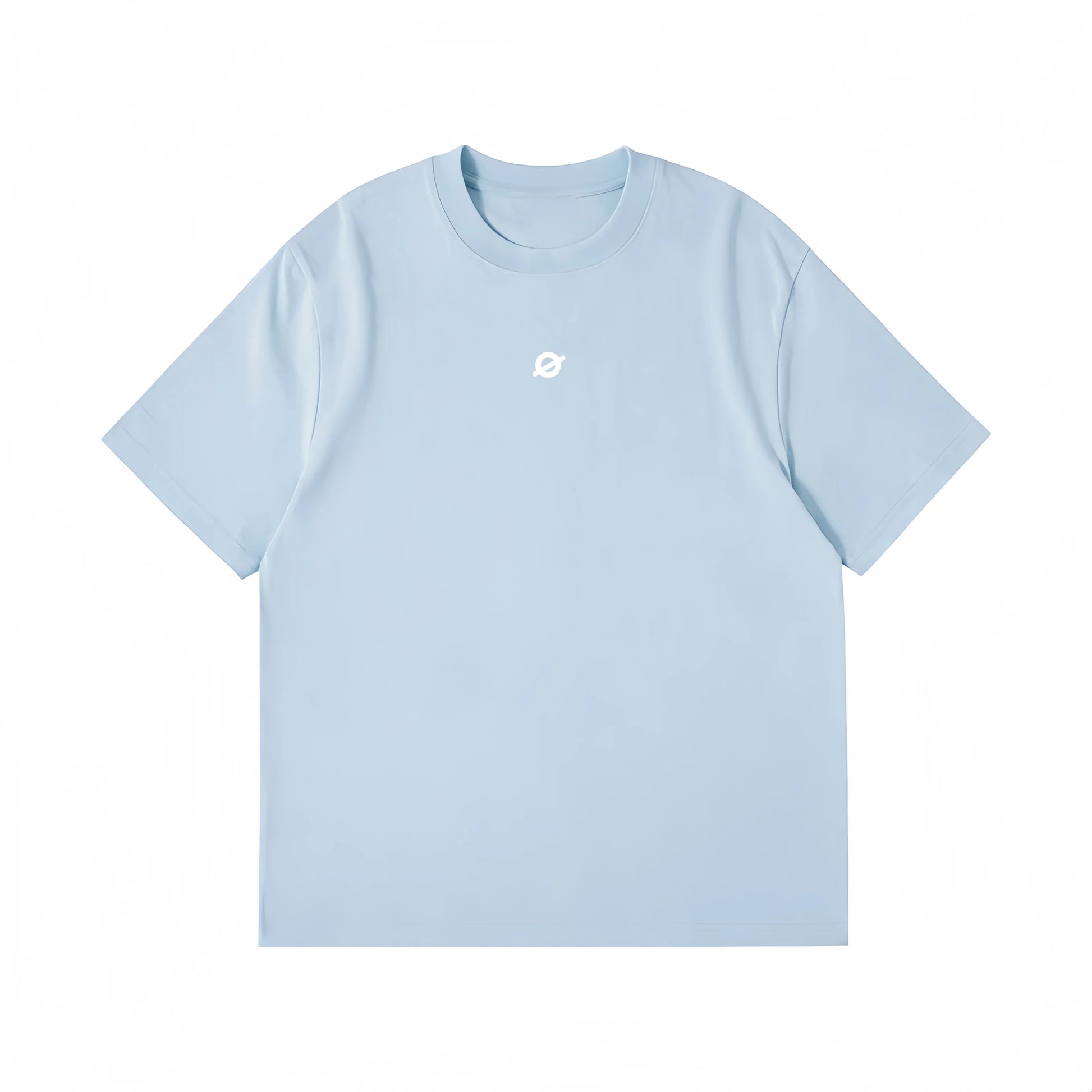 Front view flat lay of Ogender wash blue oversized tee with a subtle "O" logo for teens and adults