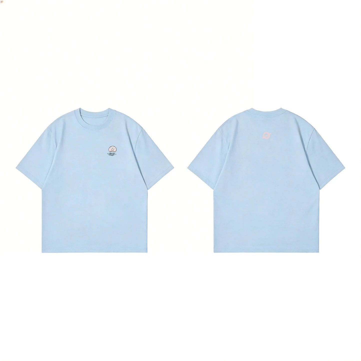 Front and back flat lay of Ogender wash blue 240 GSM tee with a pink octopus icon and a matching pink "O" back neck logo