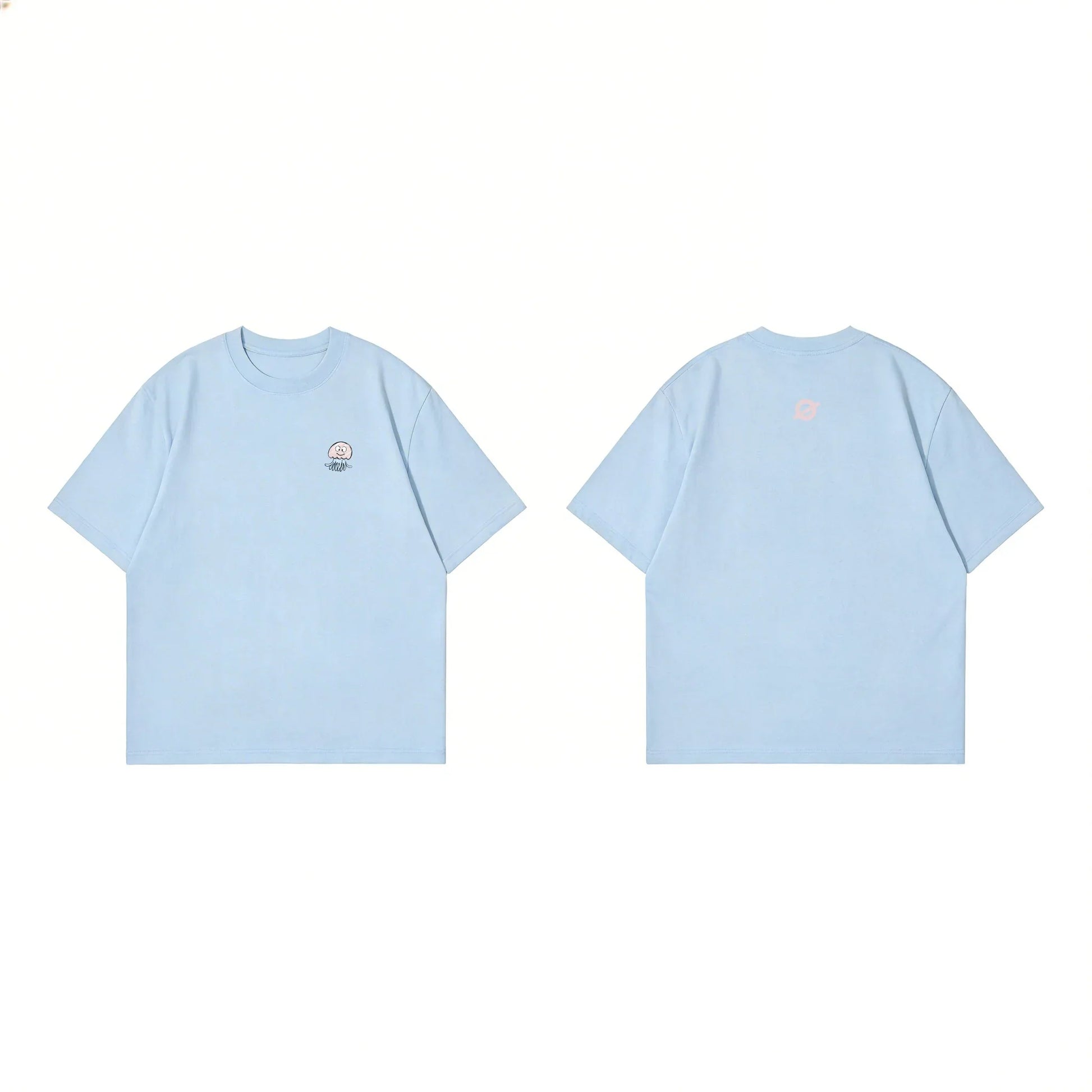 Front and back flat lay of Ogender wash blue 240 GSM tee with a pink octopus icon and a matching pink "O" back neck logo