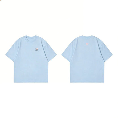 Front and back flat lay of Ogender wash blue 240 GSM tee with a pink octopus icon and a matching pink "O" back neck logo