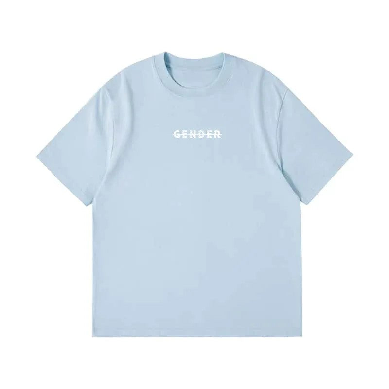 Front view flat lay of Ogender wash blue oversized t-shirt, 240 GSM heavyweight cotton with the minimalist 'Gender' strike-through logo on the chest.