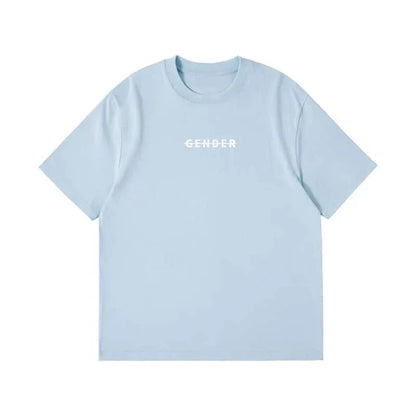 Front view flat lay of Ogender wash blue oversized t-shirt, 240 GSM heavyweight cotton with the minimalist 'Gender' strike-through logo on the chest.