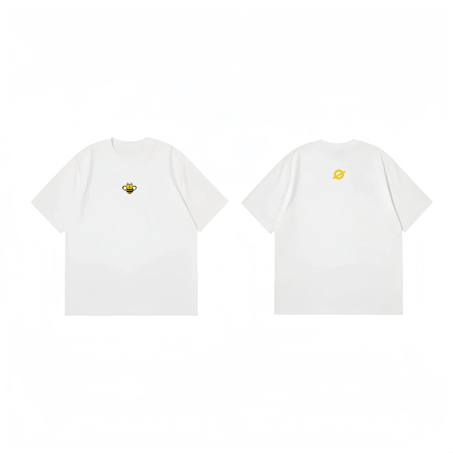 Front and back flat lay of Ogender white heavyweight tee featuring a bumblebee chest print and a yellow "O" back neck logo