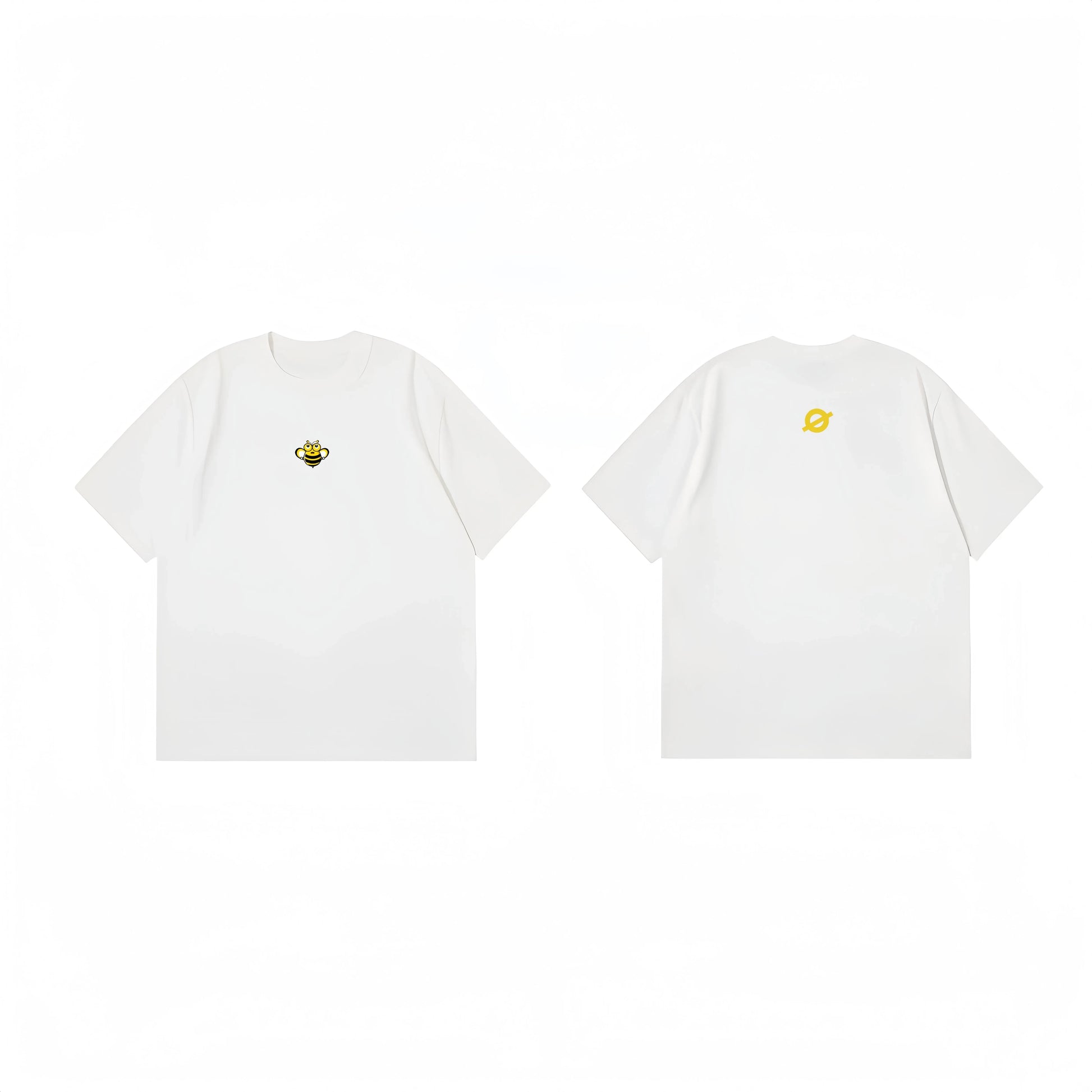 Front and back flat lay of Ogender white heavyweight tee featuring a bumblebee chest print and a yellow "O" back neck logo