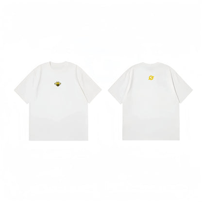 Front and back flat lay of Ogender white heavyweight tee featuring a bumblebee chest print and a yellow "O" back neck logo