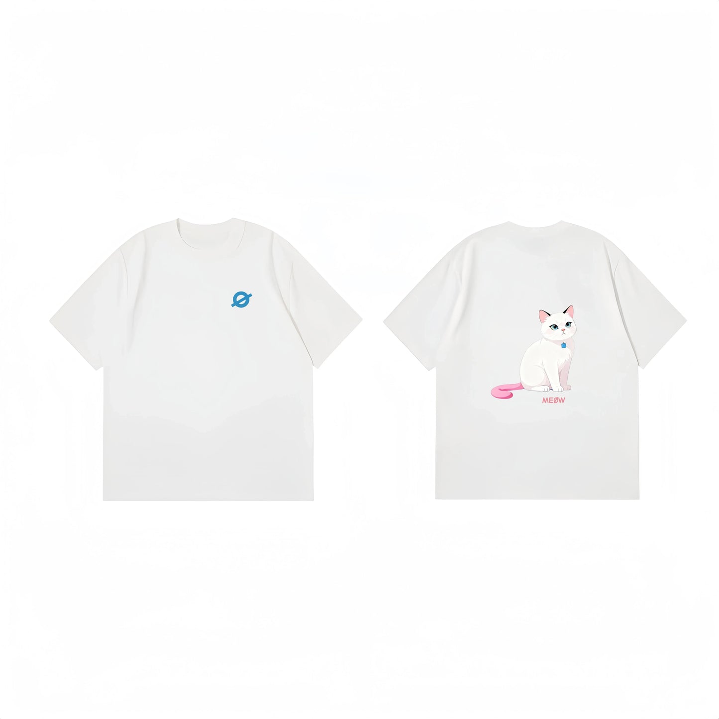 Front and back view of Ogender white 240 GSM tee with the 'Cool Cat' character printed on the back
