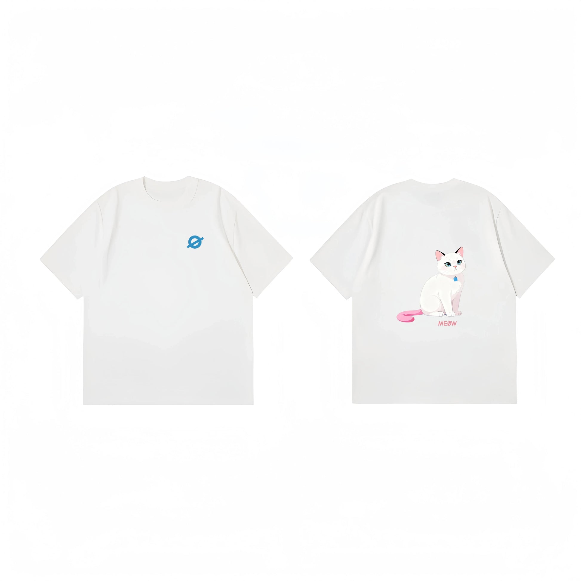 Front and back view of Ogender white 240 GSM tee with the 'Cool Cat' character printed on the back