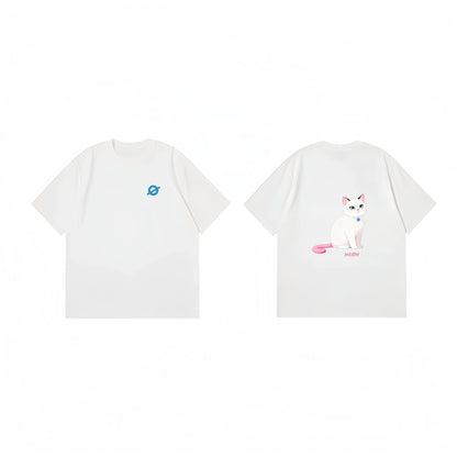 Front and back view of Ogender white 240 GSM tee with the 'Cool Cat' character printed on the back